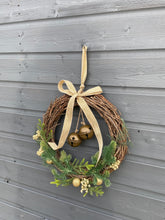 Load image into Gallery viewer, Handmade hanging wreath with bells/ Christmas seasonal decor 30 x 30 x 18cm
