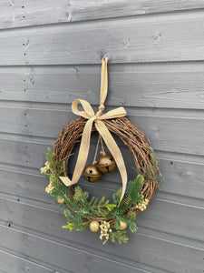 Handmade hanging wreath with bells/ Christmas seasonal decor 30 x 30 x 18cm