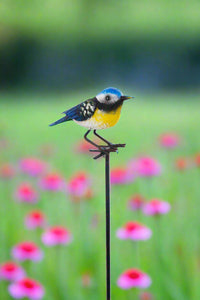 Handmade powder coated Blue tit on a pole sculpture 130cm tall