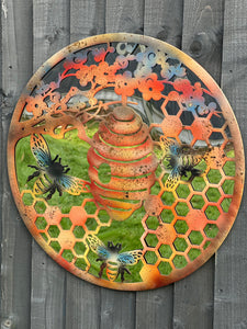 Handmade 60cm Bee and bee hive Wall Plaque with acrylic mirror, colourful Metal, Garden/indoor Wall Art powder coated steel - Marissa's Garden & Gift