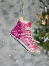 Load image into Gallery viewer, Glass Christmas pink glitter trainer shoe Christmas bauble tree hanging decoration/christmas/seasonal/ glass hanging item
