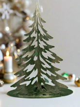 Laden Sie das Bild in den Galerie-Viewer, Handmade Christmas metal tree table decoration green with  gold brushed effect 32 x 8 x 40cm
