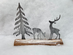 Handmade Christmas silver scene with two reindeers and Christmas tree on a wooden log 27 x 5 x 22cm