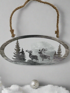 Handmade reindeer and Christmas tree silver wall art for indoors/outdoors oval wall art 38 x 1 x 18cm - Marissa's Garden & Gift