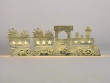 Load image into Gallery viewer, Handmade Christmas gold  three piece train set measuring 50 x 8 x 16cmwith t-light holders
