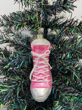 Load image into Gallery viewer, Glass Christmas pink glitter trainer shoe Christmas bauble tree hanging decoration/christmas/seasonal/ glass hanging item
