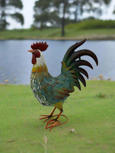 Load image into Gallery viewer, Garden metal cockerel/ hen blue, white and yellow named Noah measuring 16 x 22 x 45cm
