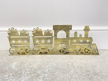 Load image into Gallery viewer, Handmade Christmas gold  three piece train set measuring 50 x 8 x 16cmwith t-light holders
