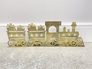 Handmade Christmas gold  three piece train set measuring 50 x 8 x 16cmwith t-light holders