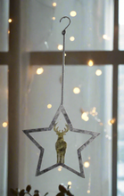 Load image into Gallery viewer, Handmade powder coated hanging silver star with reindeer measuring 27 x 25 x 1cm
