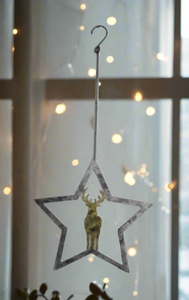 Handmade powder coated hanging silver star with reindeer measuring 27 x 25 x 1cm - Marissa's Garden & Gift