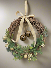 Load image into Gallery viewer, Handmade hanging wreath with bells/ Christmas seasonal decor 30 x 30 x 18cm
