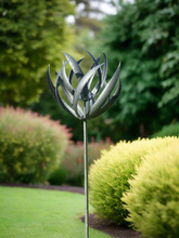 Load image into Gallery viewer, Burghley garden wind sculpture spinner silver with black brush
