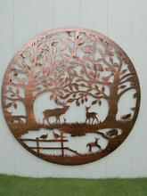 Load image into Gallery viewer, Handmade bronze 80cm bronze wall plaque of Woodland animals Tree Wall Plaque, powder coated steel , indoor/outdoor Wall Art
