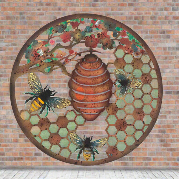 Handmade 40cm Bee and bee hive Wall Plaque, colourful Metal, Garden/indoor Wall Art powder coated steel