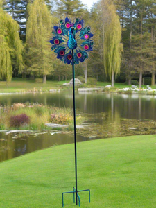 Handmade Aurora peacock powder coated garden wind sculpture spinner measuring 150cm