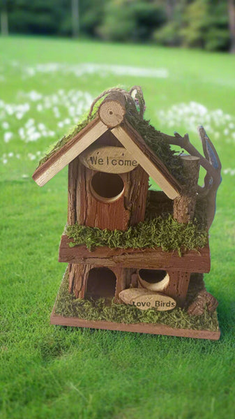 Handmade wooden birdhouse hut with three entrances measuring 16 x 10 x 21cm - Marissa's Garden & Gift