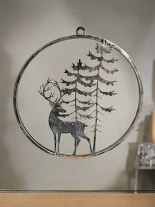 Handmade reindeer and tree silver wall art for indoors/outdoors 30 x 1 x 32cm