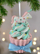 Load image into Gallery viewer, Resin unicorn cupcake Christmas bauble tree hanging decoration/christmas/seasonal/ resin hanging item
