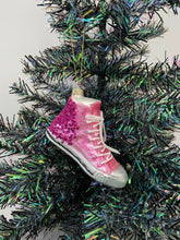 Load image into Gallery viewer, Glass Christmas pink glitter trainer shoe Christmas bauble tree hanging decoration/christmas/seasonal/ glass hanging item
