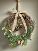 Load image into Gallery viewer, Handmade hanging wreath with bells/ Christmas seasonal decor 30 x 30 x 18cm
