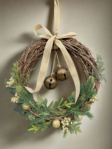 Handmade hanging wreath with bells/ Christmas seasonal decor 30 x 30 x 18cm