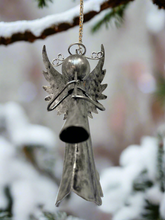 Load image into Gallery viewer, Handmade powder coated Christmas hanging angel with flute measuring 6 x 5 x13cm
