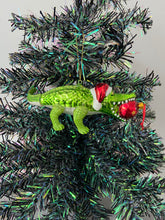 Load image into Gallery viewer, Glass Christmas crocodile with bauble in mouth Christmas bauble tree hanging decoration/christmas/seasonal/ glass hanging item
