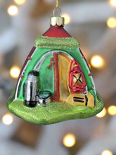 Laden Sie das Bild in den Galerie-Viewer, Glass Christmas camping tent/campers tent Christmas bauble tree hanging decoration/christmas/seasonal/ glass hanging item
