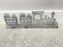 Load image into Gallery viewer, Handmade Christmas silver three piece train set measuring 50 x 8 x 16cm
