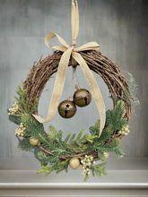 Load image into Gallery viewer, Handmade hanging wreath with bells/ Christmas seasonal decor 30 x 30 x 18cm
