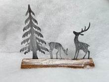 Load image into Gallery viewer, Handmade Christmas silver scene with two reindeers and Christmas tree on a wooden log 27 x 5 x 22cm
