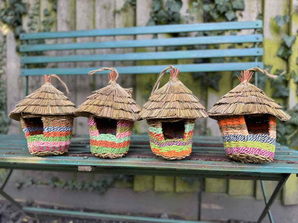 Handmade hut weave rattan birdhouses with straw roof measuring 15 x 21cm