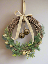 Load image into Gallery viewer, Handmade hanging wreath with bells/ Christmas seasonal decor 30 x 30 x 18cm
