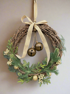 Handmade hanging wreath with bells/ Christmas seasonal decor 30 x 30 x 18cm