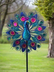 Handmade Aurora peacock powder coated garden wind sculpture spinner measuring 150cm