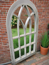 Load image into Gallery viewer, Belgravia Grey with black touch arched Outdoor/Indoor mirror measuring 76 x 51 x 4cm
