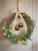 Load image into Gallery viewer, Handmade hanging wreath with bells/ Christmas seasonal decor 30 x 30 x 18cm
