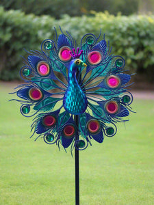 Handmade Aurora peacock powder coated garden wind sculpture spinner measuring 150cm