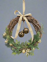 Load image into Gallery viewer, Handmade hanging wreath with bells/ Christmas seasonal decor 30 x 30 x 18cm
