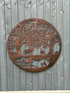 Handmade bronze 80cm bronze wall plaque of Woodland animals Tree Wall Plaque, powder coated steel , indoor/outdoor Wall Art