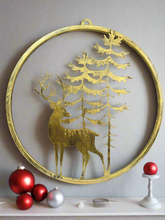 Indlæs billede til gallerivisning Handmade reindeer and tree gold wall art for indoors/outdoors 30 x 1 x 32cm
