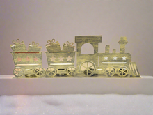 Load image into Gallery viewer, Handmade Christmas gold  three piece train set measuring 50 x 8 x 16cmwith t-light holders - Marissa&#39;s Garden &amp; Gift
