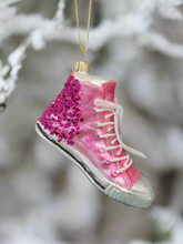 Load image into Gallery viewer, Glass Christmas pink glitter trainer shoe Christmas bauble tree hanging decoration/christmas/seasonal/ glass hanging item
