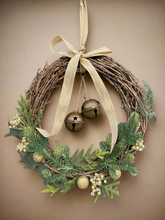 Load image into Gallery viewer, Handmade hanging wreath with bells/ Christmas seasonal decor 30 x 30 x 18cm
