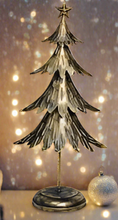 Indlæs billede til gallerivisning Handmade Christmas metal tree table decoration green with  gold brushed effect 19 x 11 x 41cm
