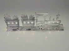 Load image into Gallery viewer, Handmade Christmas silver three piece train set measuring 50 x 8 x 16cm
