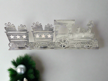 Load image into Gallery viewer, Handmade Christmas silver three piece train set measuring 50 x 8 x 16cm
