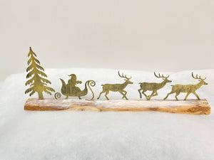 Handmade Christmas gold sleigh and reindeers with Christmas tree on a wood log 46 x 5 x 17cm