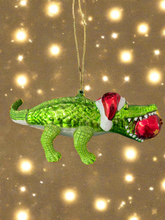 Load image into Gallery viewer, Glass Christmas crocodile with bauble in mouth Christmas bauble tree hanging decoration/christmas/seasonal/ glass hanging item
